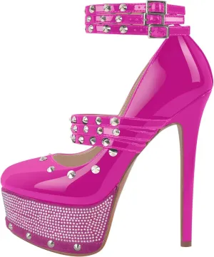 onlymaker Close Toe Stiletto Platform Mary Jane Pumps for Women Triple Buckle up Rivet Studded Strappy Party Shoes