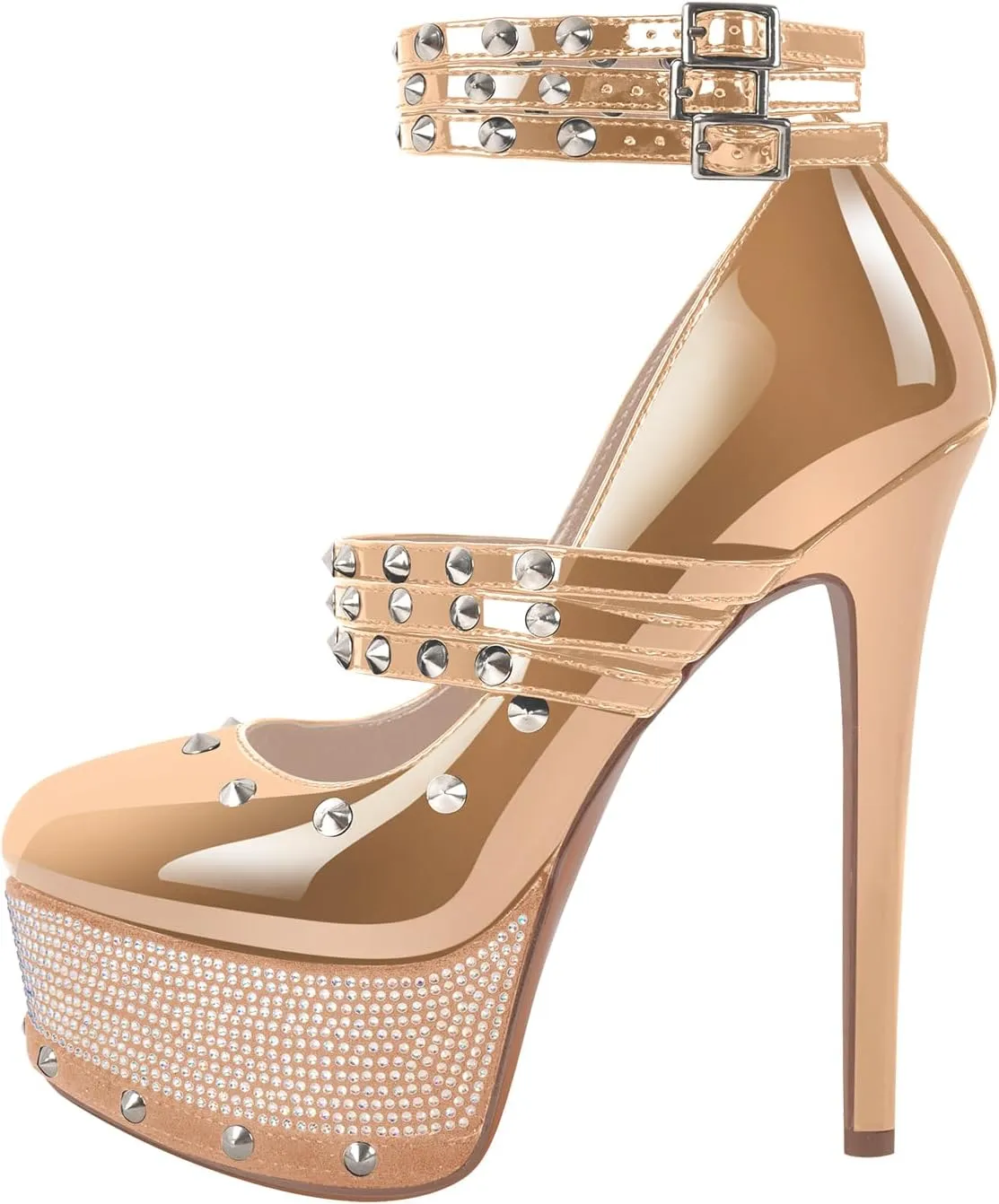 onlymaker Close Toe Stiletto Platform Mary Jane Pumps for Women Triple Buckle up Rivet Studded Strappy Party Shoes