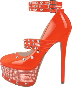 onlymaker Close Toe Stiletto Platform Mary Jane Pumps for Women Triple Buckle up Rivet Studded Strappy Party Shoes