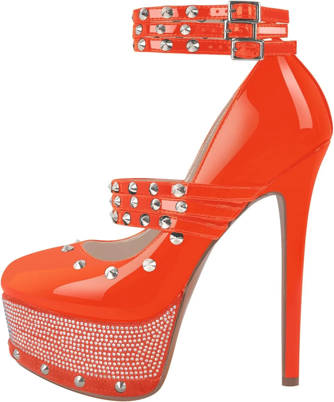 onlymaker Close Toe Stiletto Platform Mary Jane Pumps for Women Triple Buckle up Rivet Studded Strappy Party Shoes