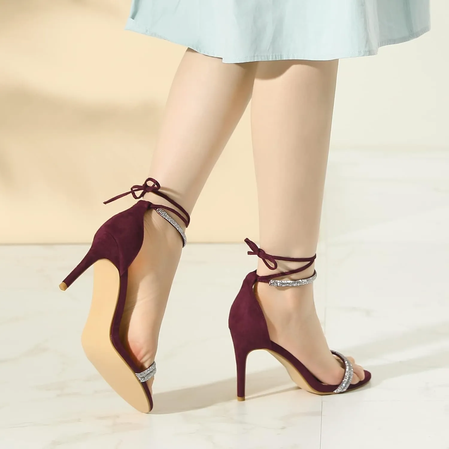 Perphy Rhinestone Ankle Tie Stiletto Heels Sandals for Women