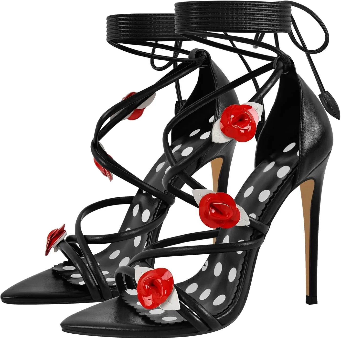 sexytag Floral Ankle Strappy Lace Up Stiletto Heeled Sandals Open Toe Rose Flower Party Wedding Date Dress Shoes