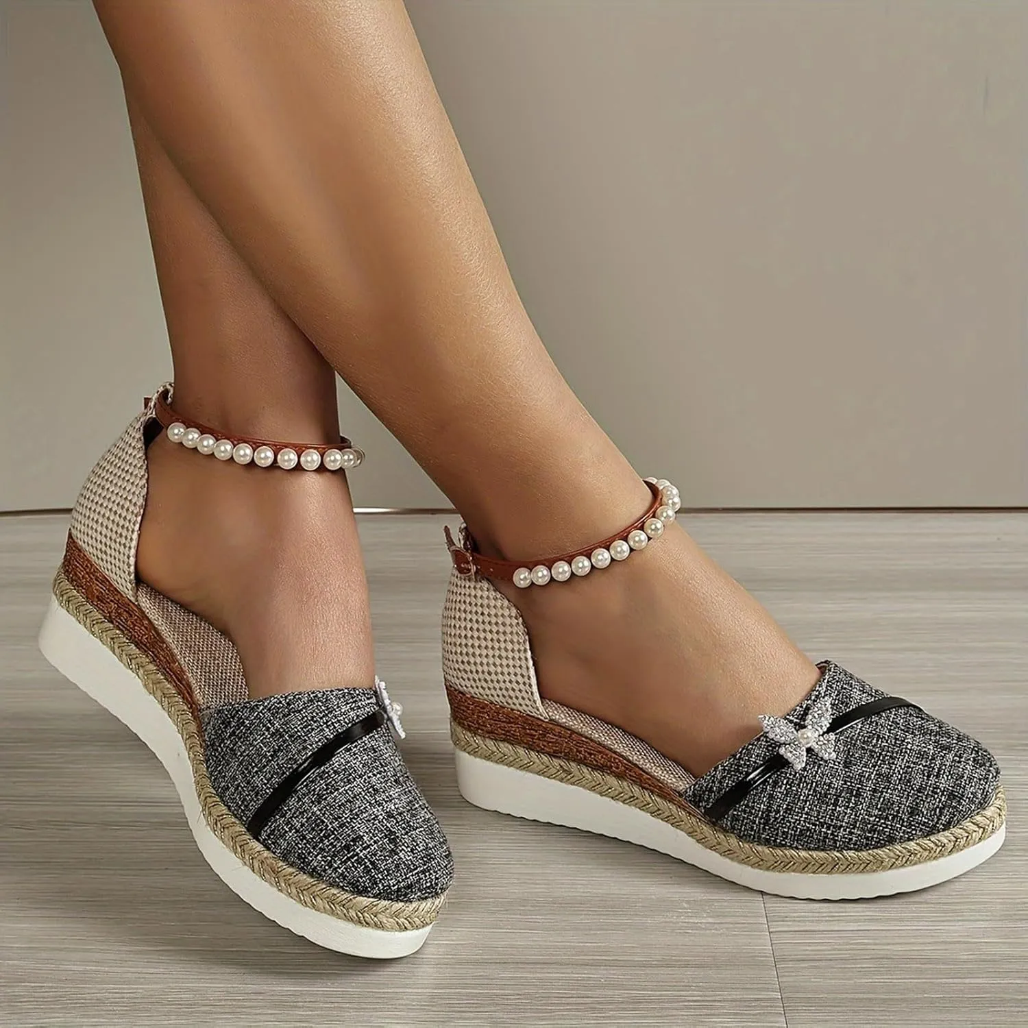 SuanlaTDS Espadrille Wedge Sandals for Women 2025 Dressy Summer Platform Closed Toe Pearls Ankle Strap Buckle Wedges Elegant Comfortable Dress Walking Outdoor Beach Shoes High Heels Sandal