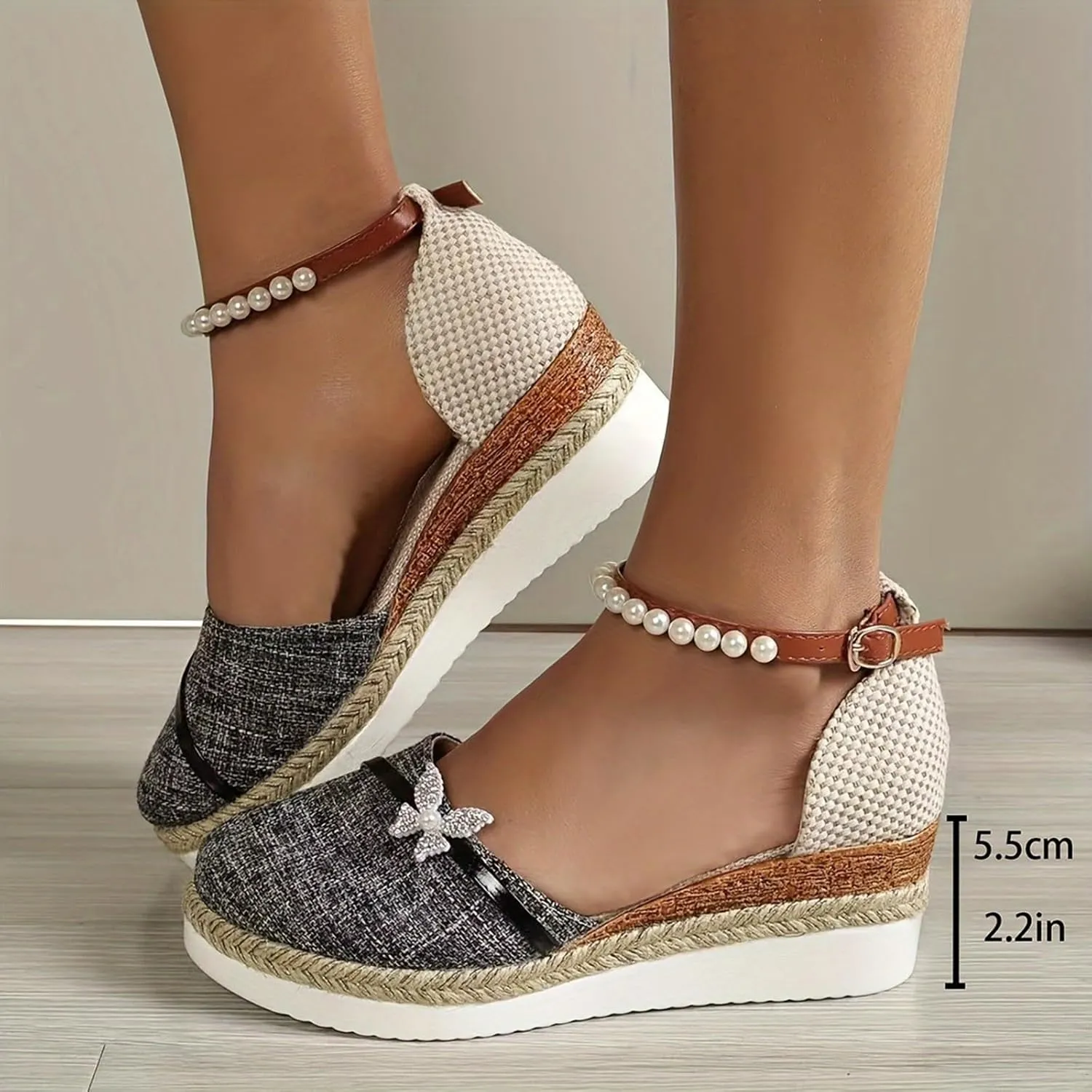 SuanlaTDS Espadrille Wedge Sandals for Women 2025 Dressy Summer Platform Closed Toe Pearls Ankle Strap Buckle Wedges Elegant Comfortable Dress Walking Outdoor Beach Shoes High Heels Sandal