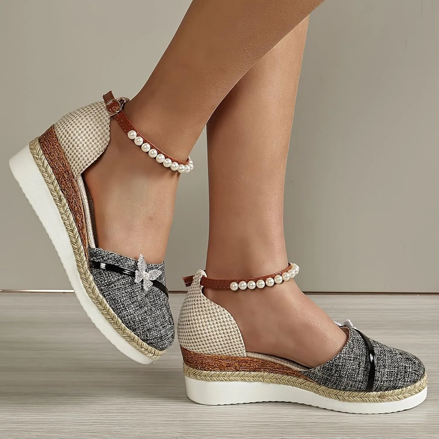 SuanlaTDS Espadrille Wedge Sandals for Women 2025 Dressy Summer Platform Closed Toe Pearls Ankle Strap Buckle Wedges Elegant Comfortable Dress Walking Outdoor Beach Shoes High Heels Sandal