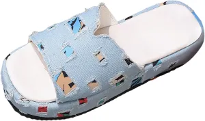 SuanlaTDS Platform Sandals Women Dressy Square Open Toe Wedge Canvas Chunky Bottom Low Heels Slides Comfortable Casual Summer Beach Outdoor Boho Flatform Slip On Heeled Sandal