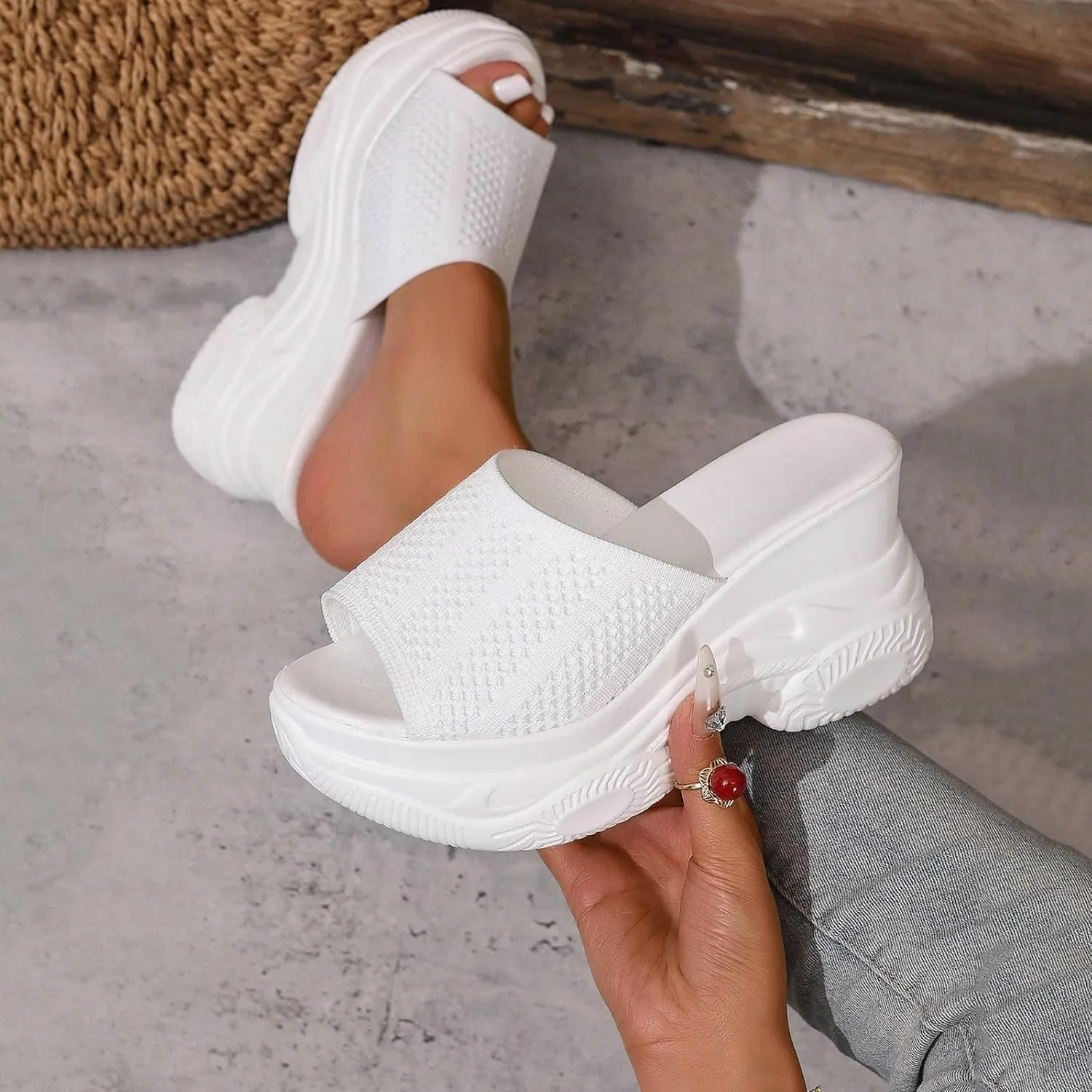 SuanlaTDS Platform Sandals Womens Slip On Bohemia Wedge Open Toe Backless Slides Dressy Summer Outdoor Walking Beach Vacation Chunky High Heels Comfortable Mesh Heeled Slide Sandal