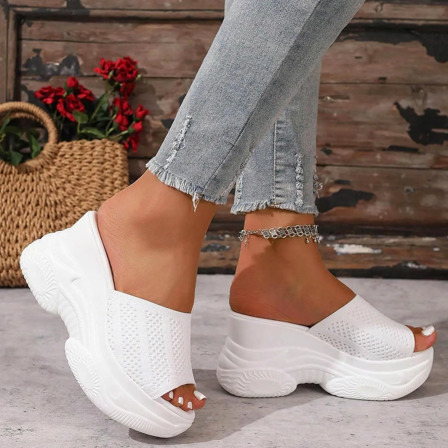 SuanlaTDS Platform Sandals Womens Slip On Bohemia Wedge Open Toe Backless Slides Dressy Summer Outdoor Walking Beach Vacation Chunky High Heels Comfortable Mesh Heeled Slide Sandal