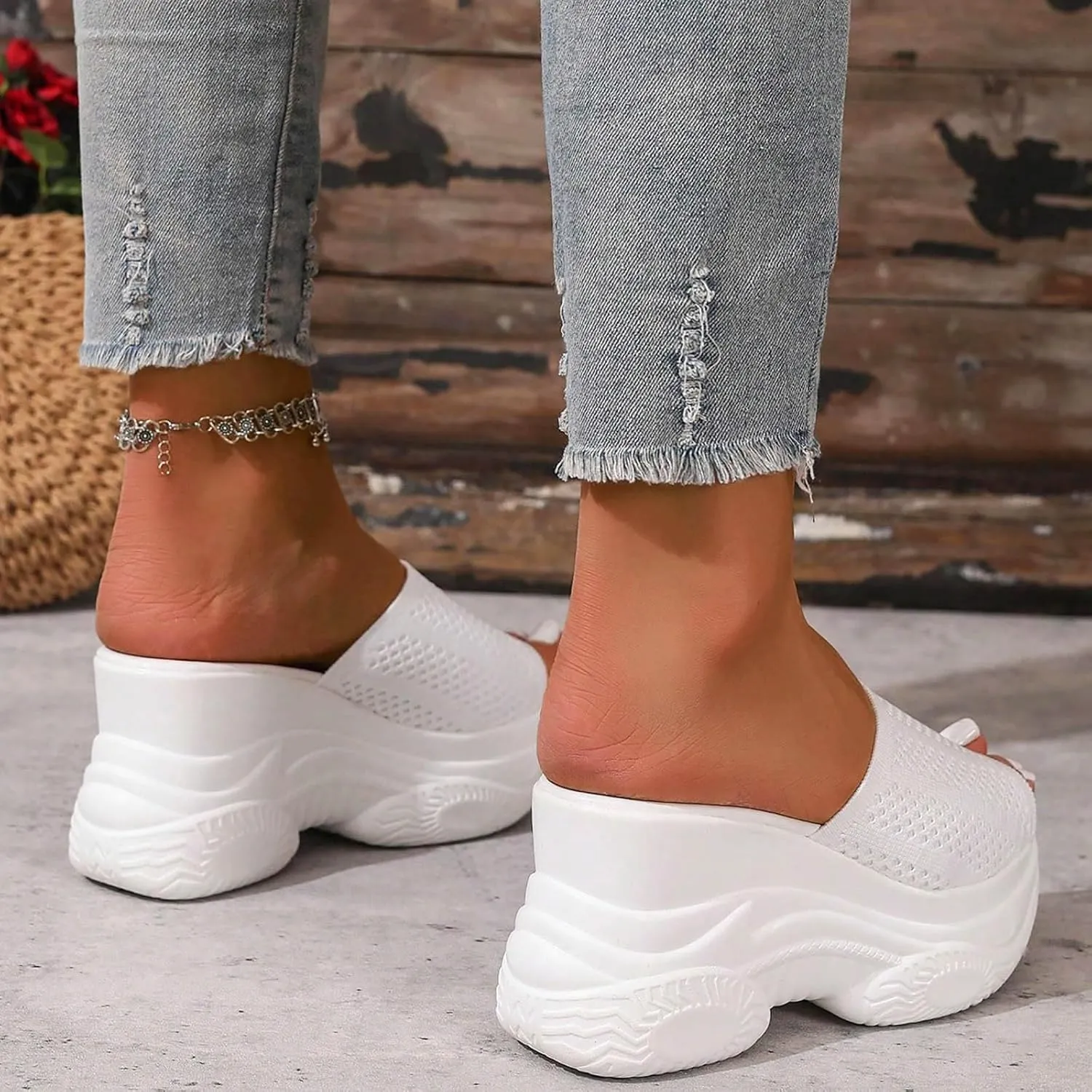 SuanlaTDS Platform Sandals Womens Slip On Bohemia Wedge Open Toe Backless Slides Dressy Summer Outdoor Walking Beach Vacation Chunky High Heels Comfortable Mesh Heeled Slide Sandal