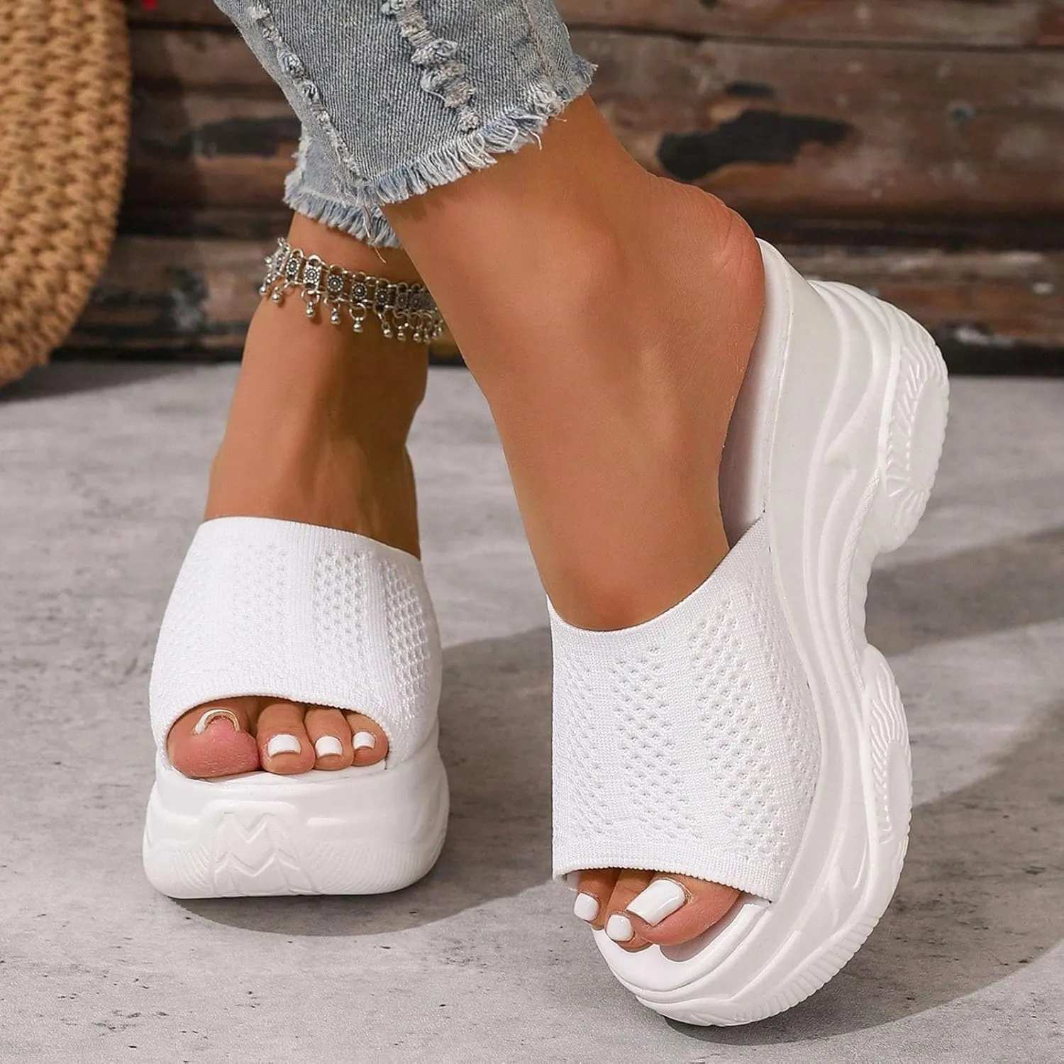 SuanlaTDS Platform Sandals Womens Slip On Bohemia Wedge Open Toe Backless Slides Dressy Summer Outdoor Walking Beach Vacation Chunky High Heels Comfortable Mesh Heeled Slide Sandal