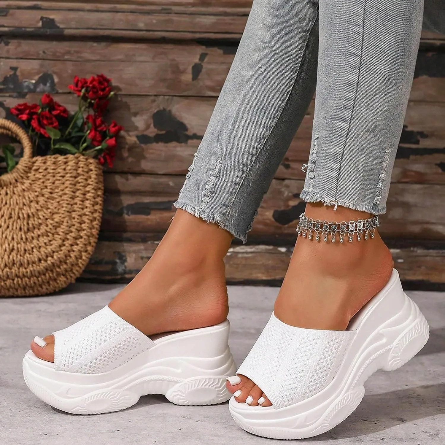 SuanlaTDS Platform Sandals Womens Slip On Bohemia Wedge Open Toe Backless Slides Dressy Summer Outdoor Walking Beach Vacation Chunky High Heels Comfortable Mesh Heeled Slide Sandal