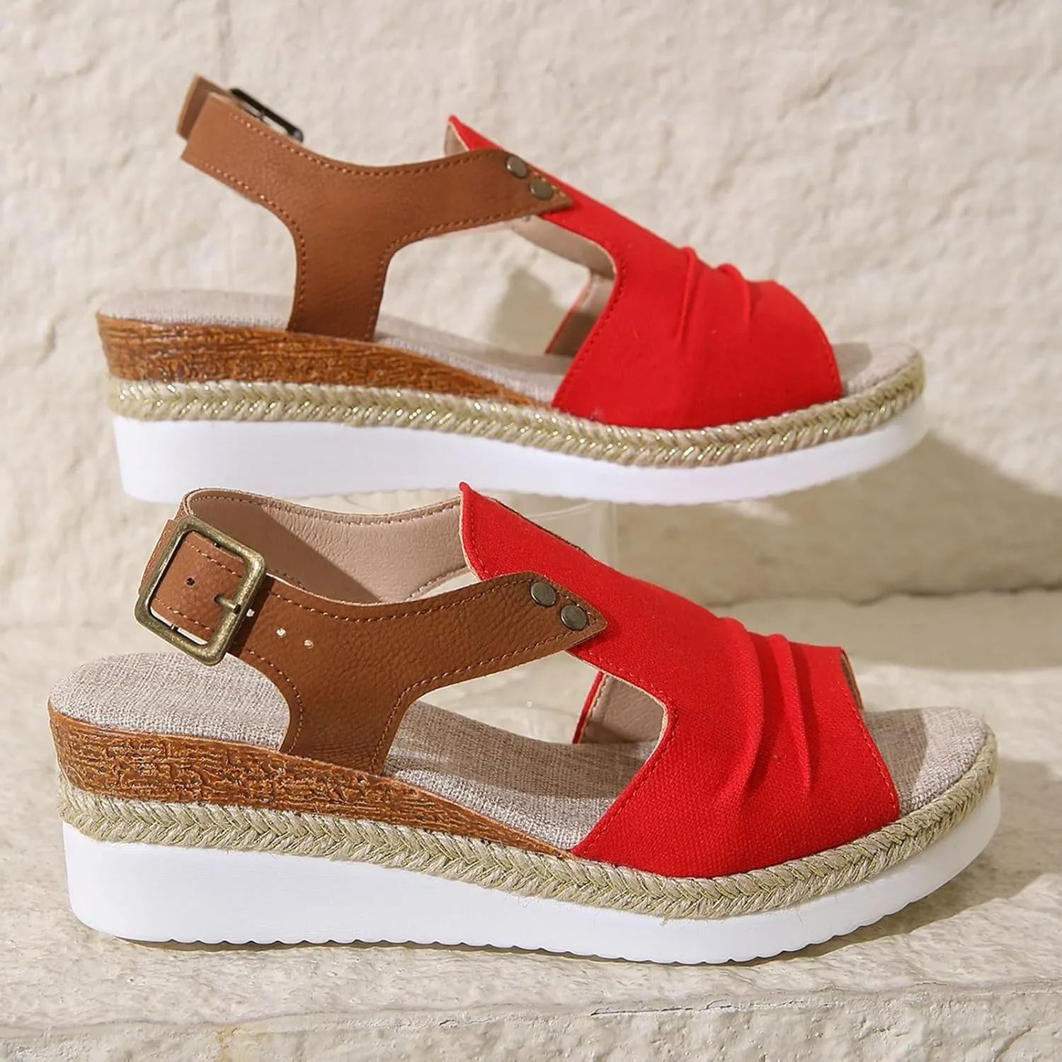 SuanlaTDS Platform Wedge Sandals for Women Espadrille 2025 Comfortable Peep Toe Adjustable Ankle Strap Slingback Dressy Summer Boho Outdoor Beach Shoes Elegant Wedges Mid Heels Sandal