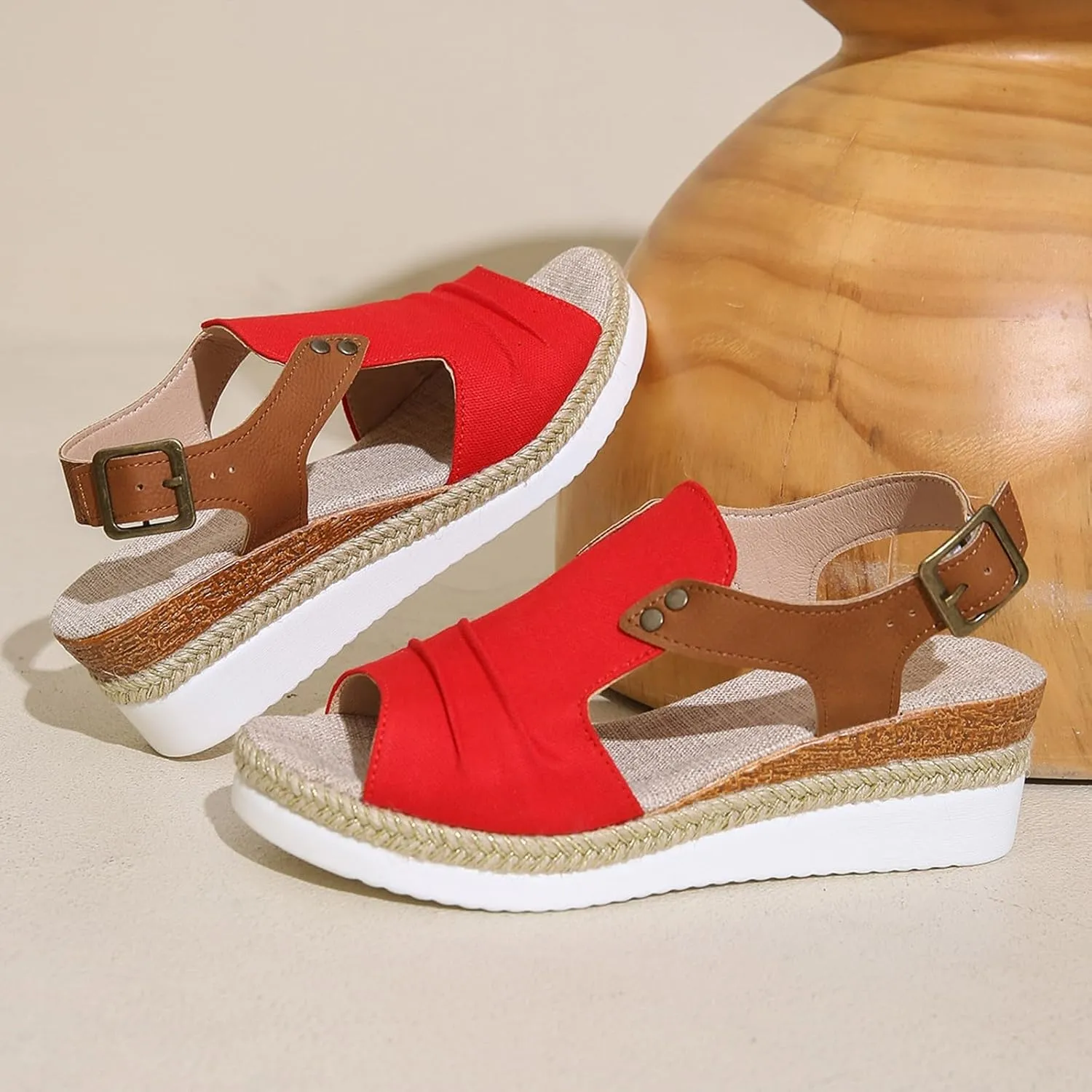 SuanlaTDS Platform Wedge Sandals for Women Espadrille 2025 Comfortable Peep Toe Adjustable Ankle Strap Slingback Dressy Summer Boho Outdoor Beach Shoes Elegant Wedges Mid Heels Sandal