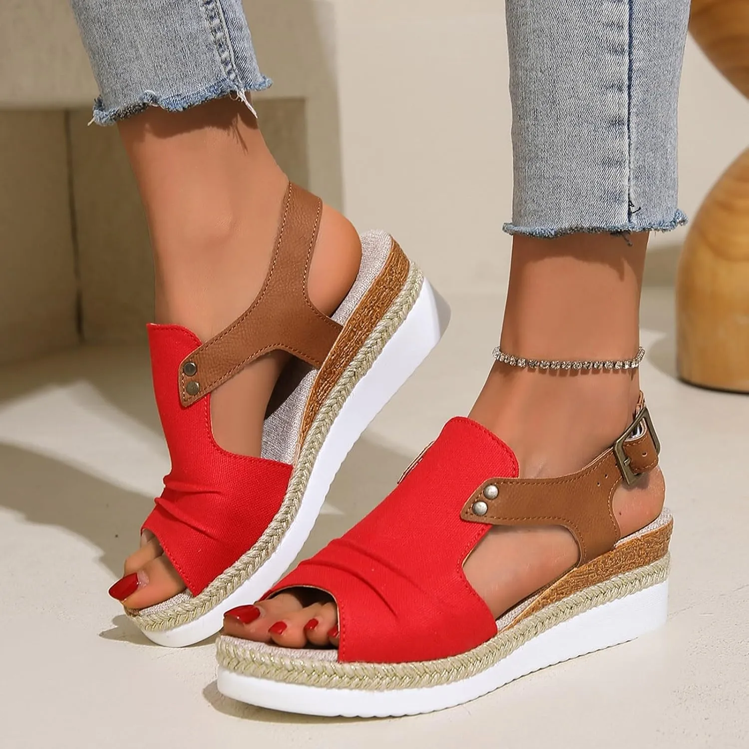 SuanlaTDS Platform Wedge Sandals for Women Espadrille 2025 Comfortable Peep Toe Adjustable Ankle Strap Slingback Dressy Summer Boho Outdoor Beach Shoes Elegant Wedges Mid Heels Sandal