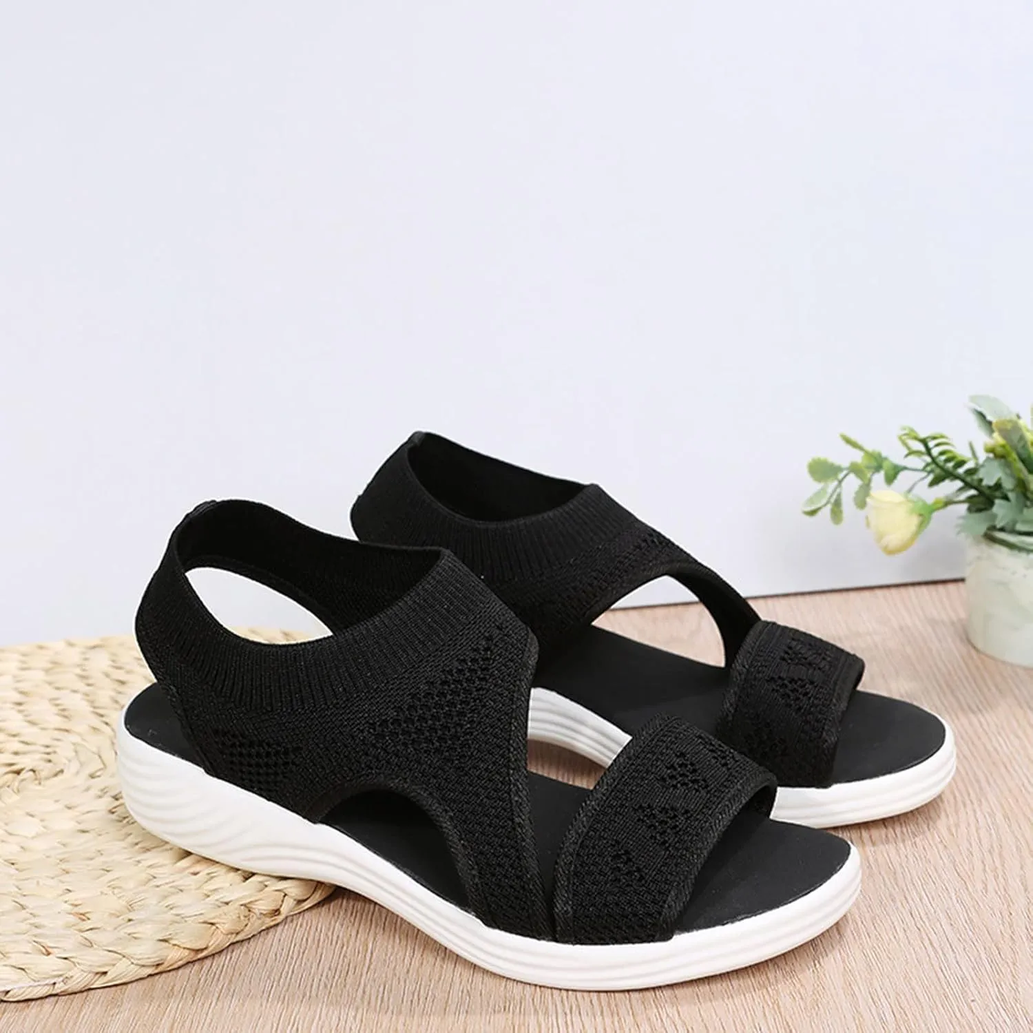 SuanlaTDS Wedge Sandals for Women Comfortable Platform Wedges Open Toe Slip On Breathable Mesh Walking Shoes Flat Slingback Thick Soled Low Heels Outdoor Summer Beach Sandals