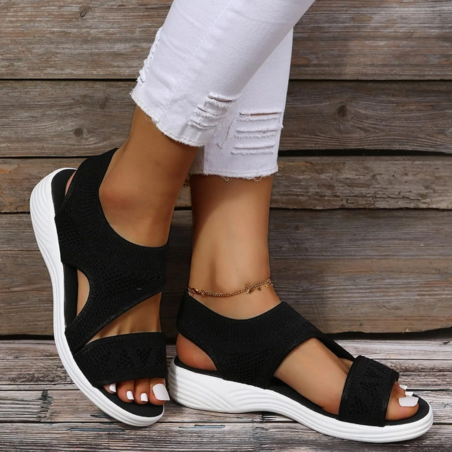 SuanlaTDS Wedge Sandals for Women Comfortable Platform Wedges Open Toe Slip On Breathable Mesh Walking Shoes Flat Slingback Thick Soled Low Heels Outdoor Summer Beach Sandals