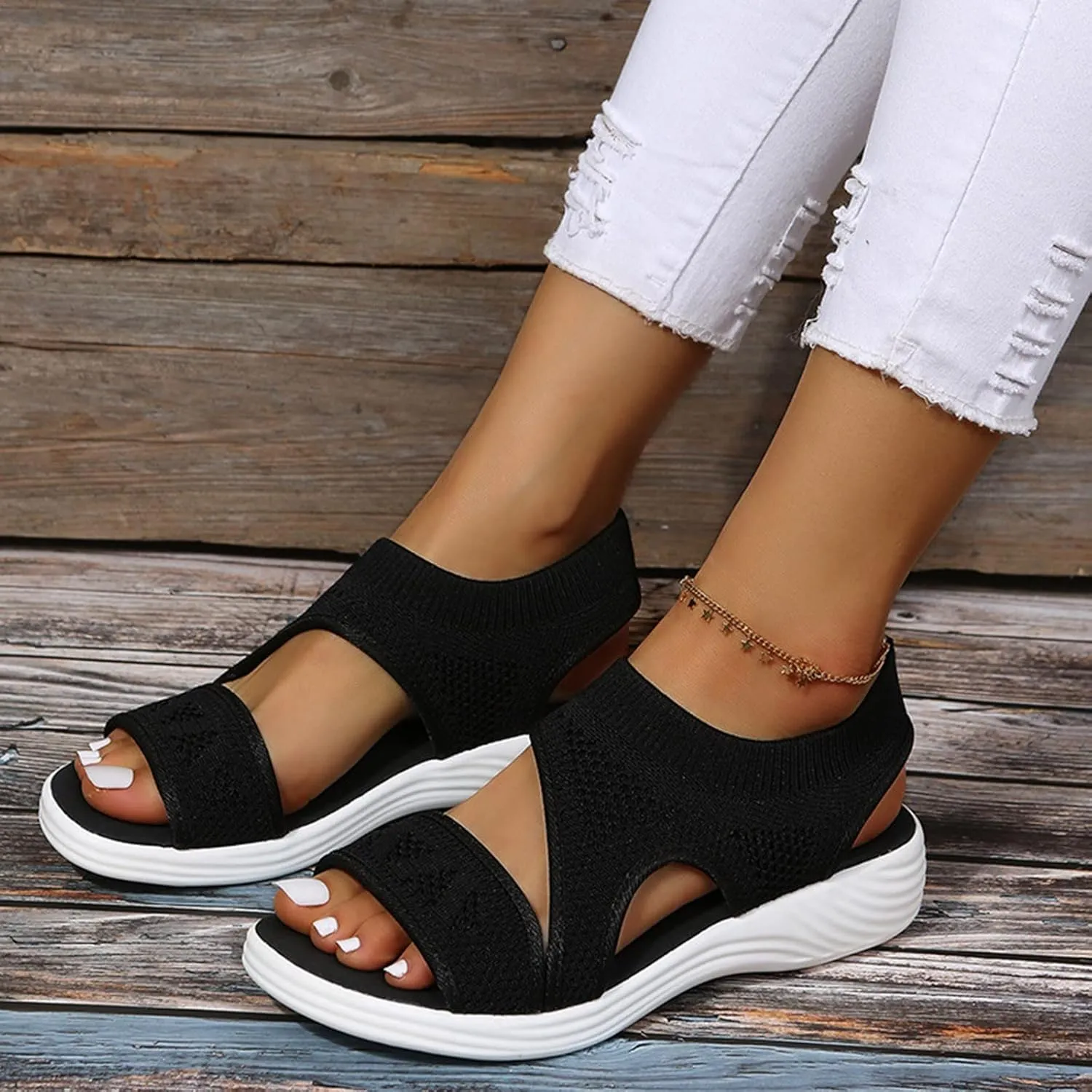 SuanlaTDS Wedge Sandals for Women Comfortable Platform Wedges Open Toe Slip On Breathable Mesh Walking Shoes Flat Slingback Thick Soled Low Heels Outdoor Summer Beach Sandals