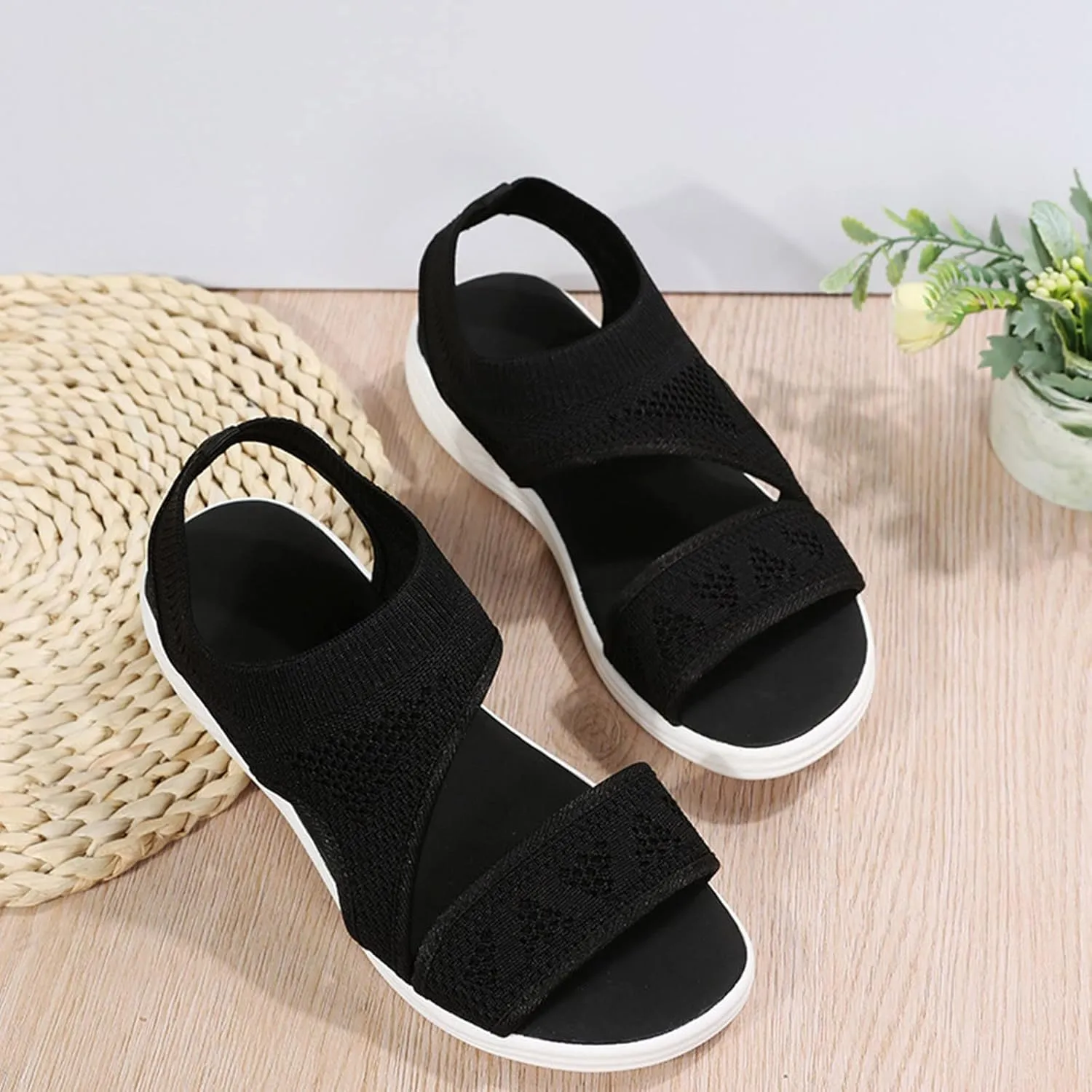 SuanlaTDS Wedge Sandals for Women Comfortable Platform Wedges Open Toe Slip On Breathable Mesh Walking Shoes Flat Slingback Thick Soled Low Heels Outdoor Summer Beach Sandals