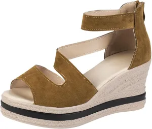 SuanlaTDS Wedge Sandals for Women Dressy Summer 2025 Platform Open Toe Back Zipper Holllow Out Comfortable Beach Outdoor Vintage Wedges Elegant Party Prom Wedding High Heels Sandal