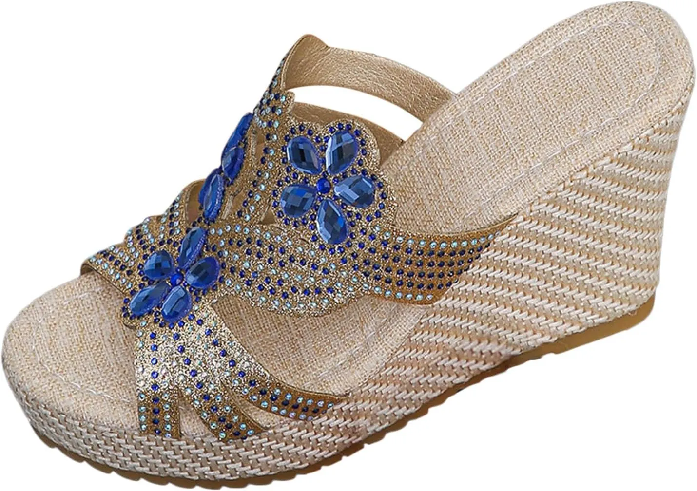 SuanlaTDS Wedge Sandals for Women Dressy Summer Espadrille Platform Slip On Comfortable Beach Walking Shoes Rhinestones Open Toe Wedges Slides High Heels Party Sandal Slippers