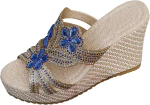 SuanlaTDS Wedge Sandals for Women Dressy Summer Espadrille Platform Slip On Comfortable Beach Walking Shoes Rhinestones Open Toe Wedges Slides High Heels Party Sandal Slippers