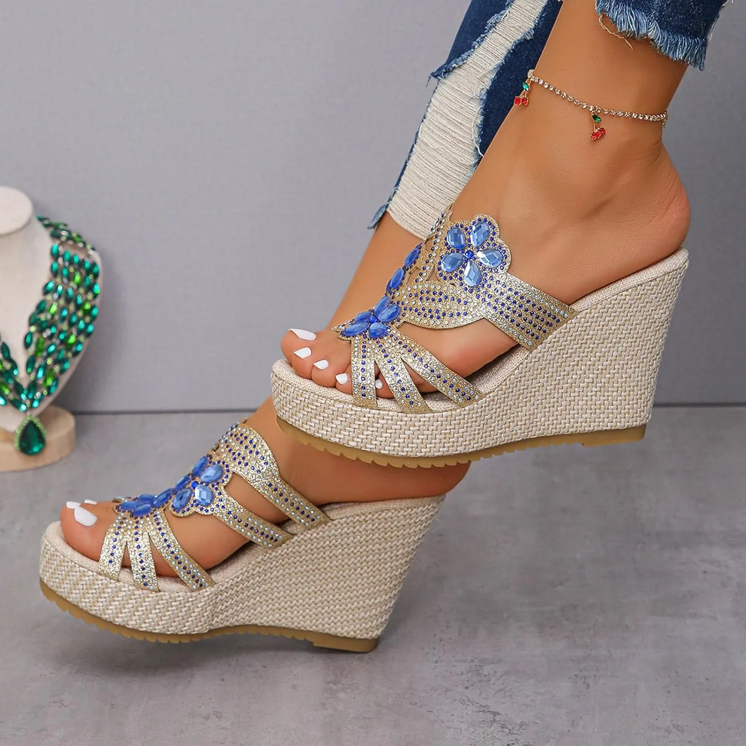 SuanlaTDS Wedge Sandals for Women Dressy Summer Espadrille Platform Slip On Comfortable Beach Walking Shoes Rhinestones Open Toe Wedges Slides High Heels Party Sandal Slippers