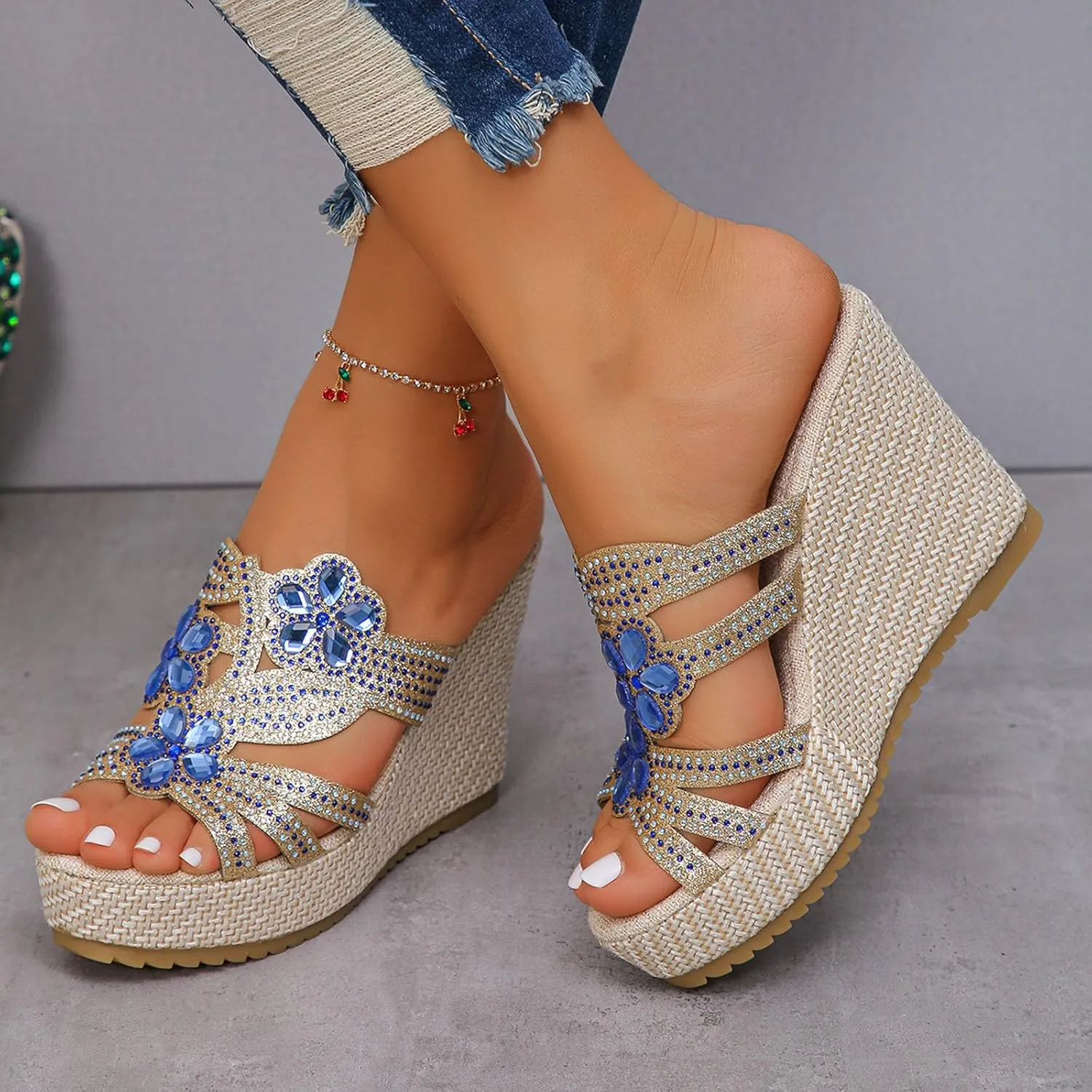 SuanlaTDS Wedge Sandals for Women Dressy Summer Espadrille Platform Slip On Comfortable Beach Walking Shoes Rhinestones Open Toe Wedges Slides High Heels Party Sandal Slippers