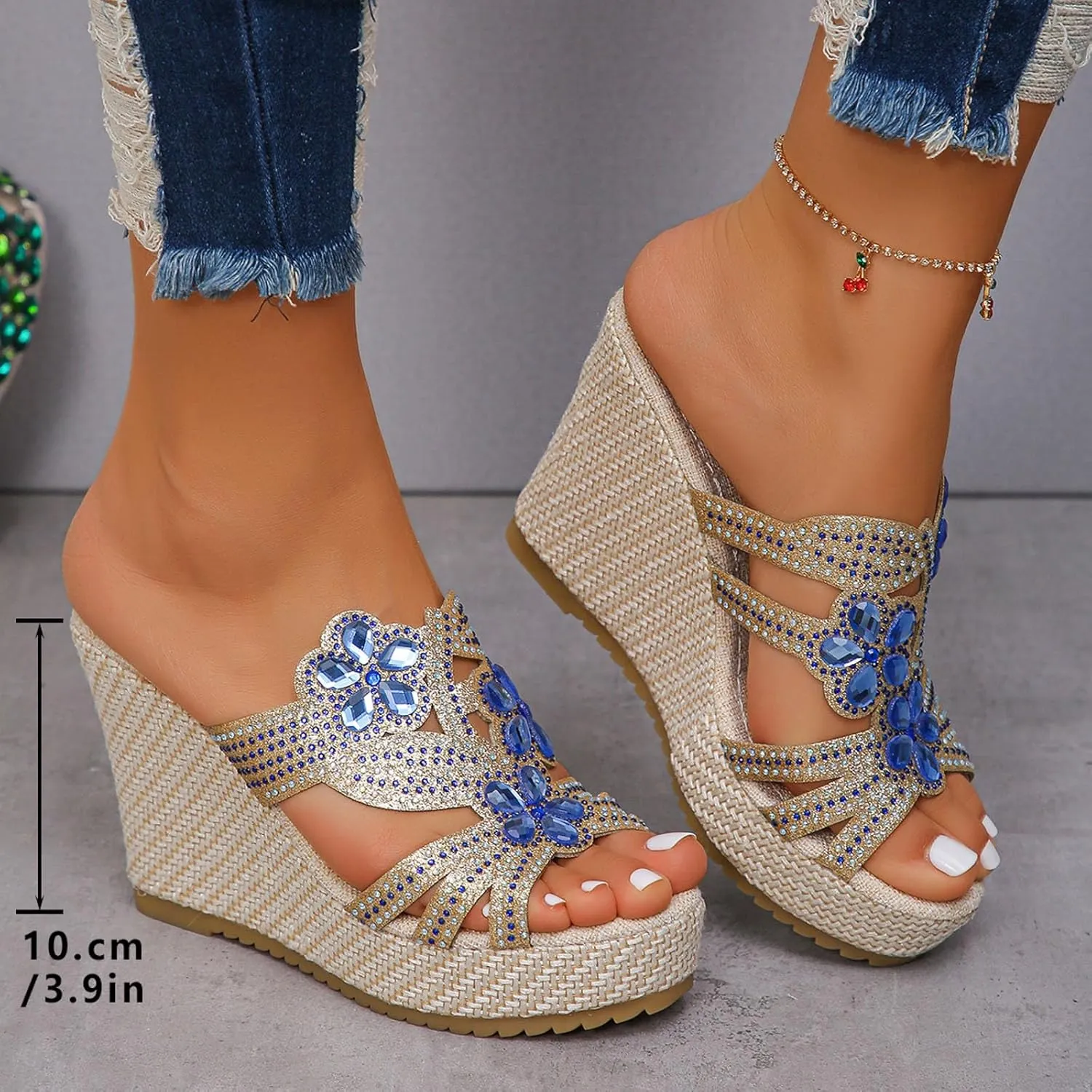 SuanlaTDS Wedge Sandals for Women Dressy Summer Espadrille Platform Slip On Comfortable Beach Walking Shoes Rhinestones Open Toe Wedges Slides High Heels Party Sandal Slippers