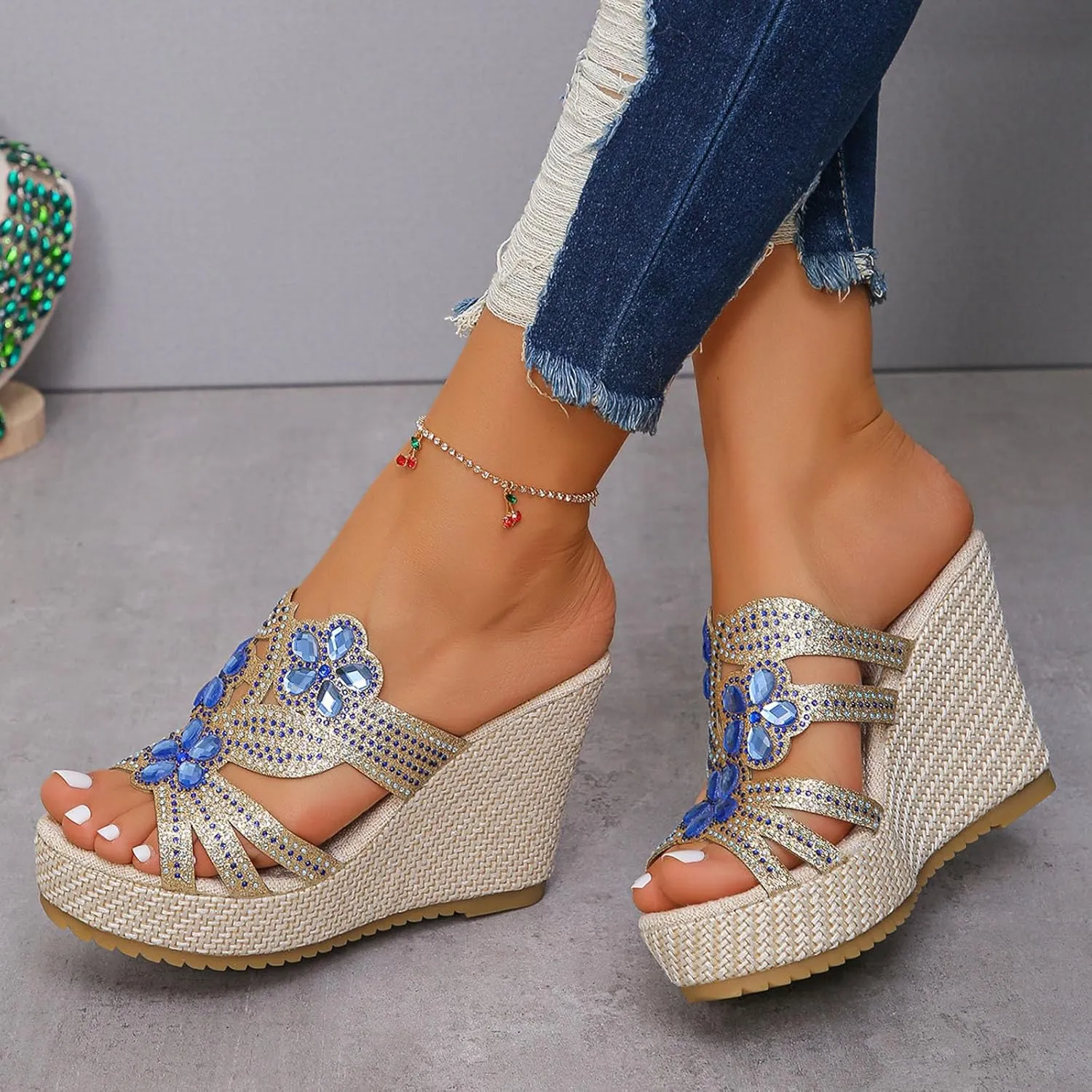 SuanlaTDS Wedge Sandals for Women Dressy Summer Espadrille Platform Slip On Comfortable Beach Walking Shoes Rhinestones Open Toe Wedges Slides High Heels Party Sandal Slippers