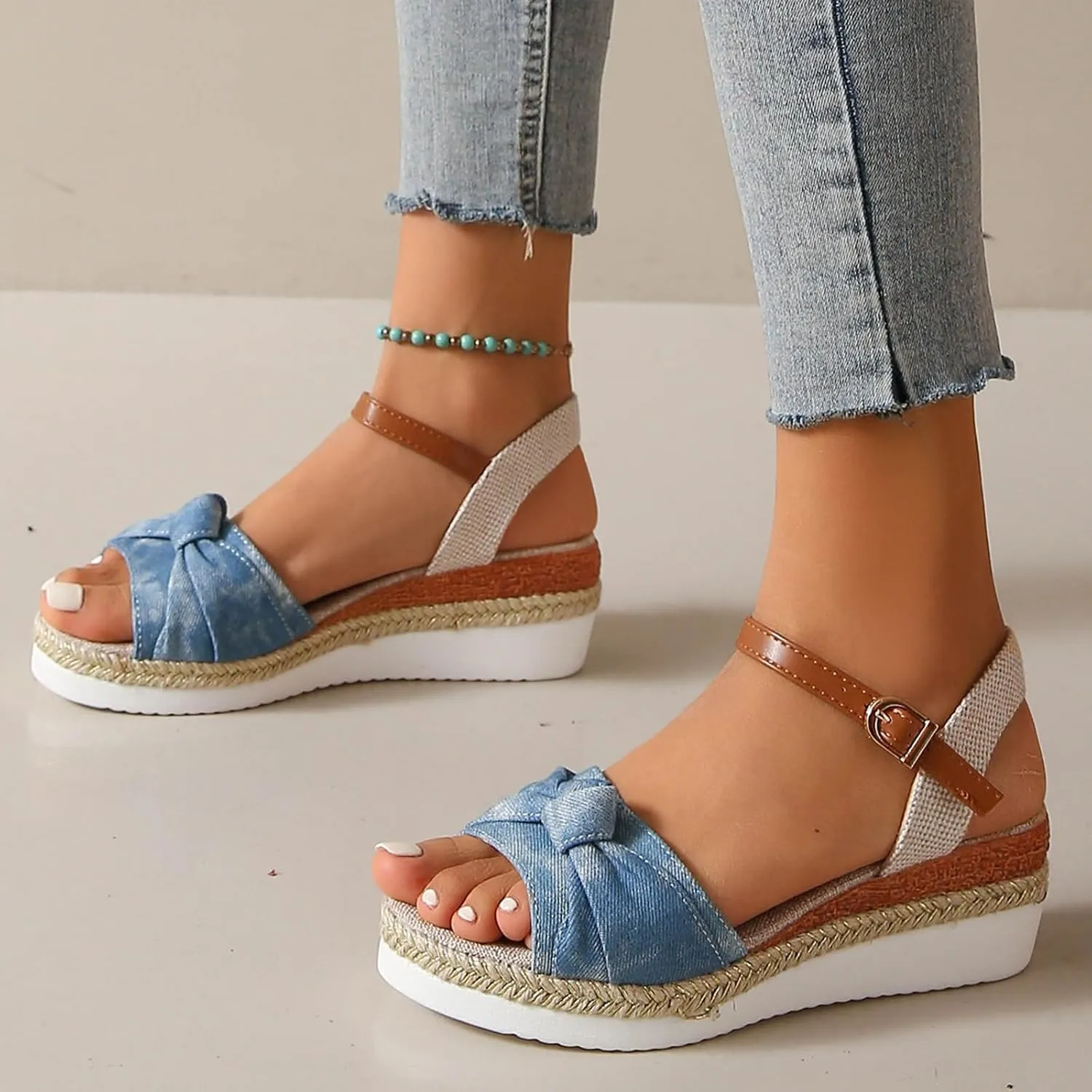 SuanlaTDS Wedge Sandals for Women Espadrille Platform 2025 Bowknot Open Toe Adjustable Ankle Strap Summer Dressy Party Outdoor Beach Shoes Espadrilles High Heels Wedges Boho Sandal