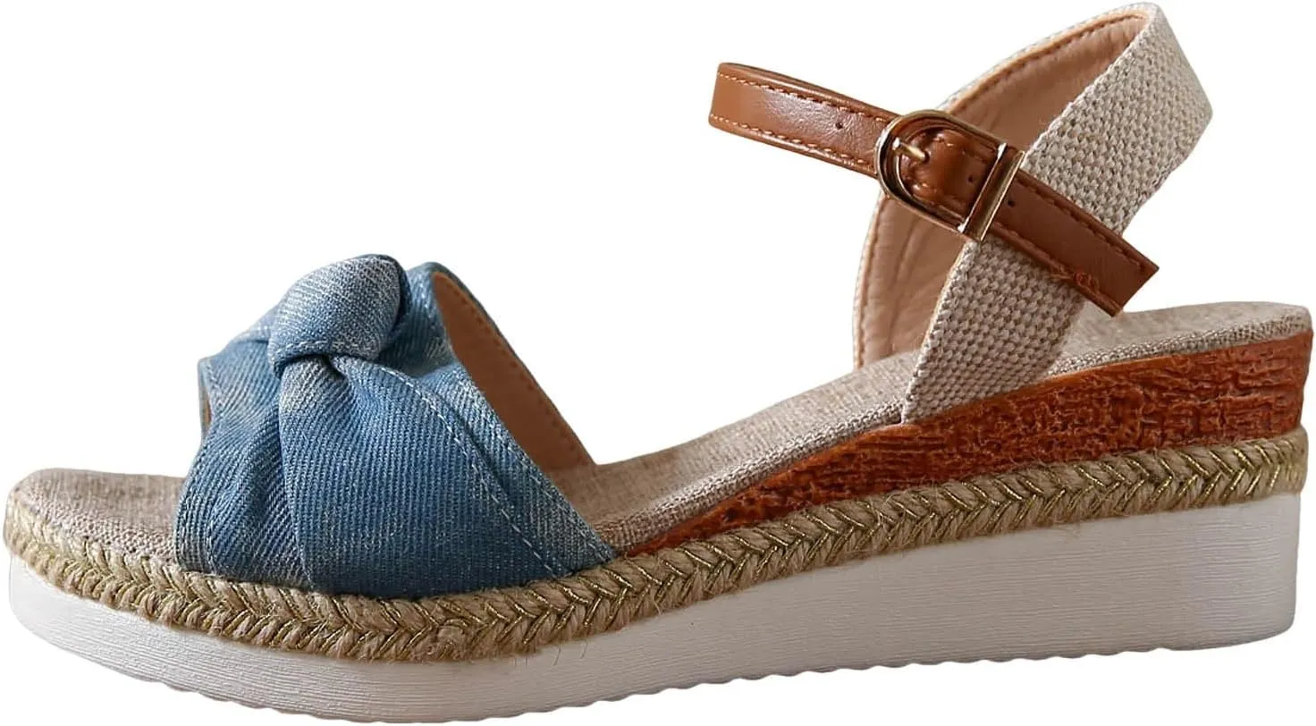 SuanlaTDS Wedge Sandals for Women Espadrille Platform 2025 Bowknot Open Toe Adjustable Ankle Strap Summer Dressy Party Outdoor Beach Shoes Espadrilles High Heels Wedges Boho Sandal