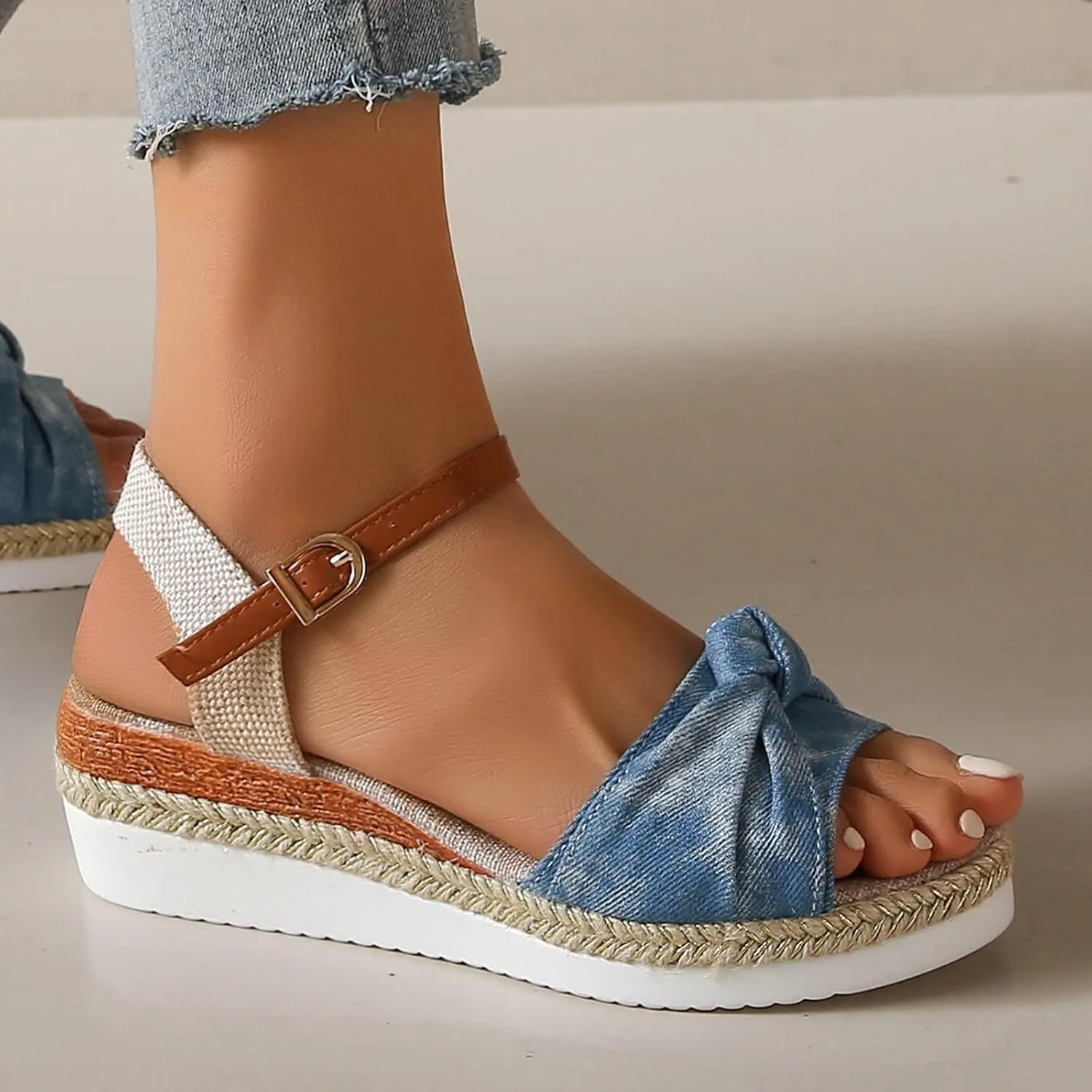 SuanlaTDS Wedge Sandals for Women Espadrille Platform 2025 Bowknot Open Toe Adjustable Ankle Strap Summer Dressy Party Outdoor Beach Shoes Espadrilles High Heels Wedges Boho Sandal