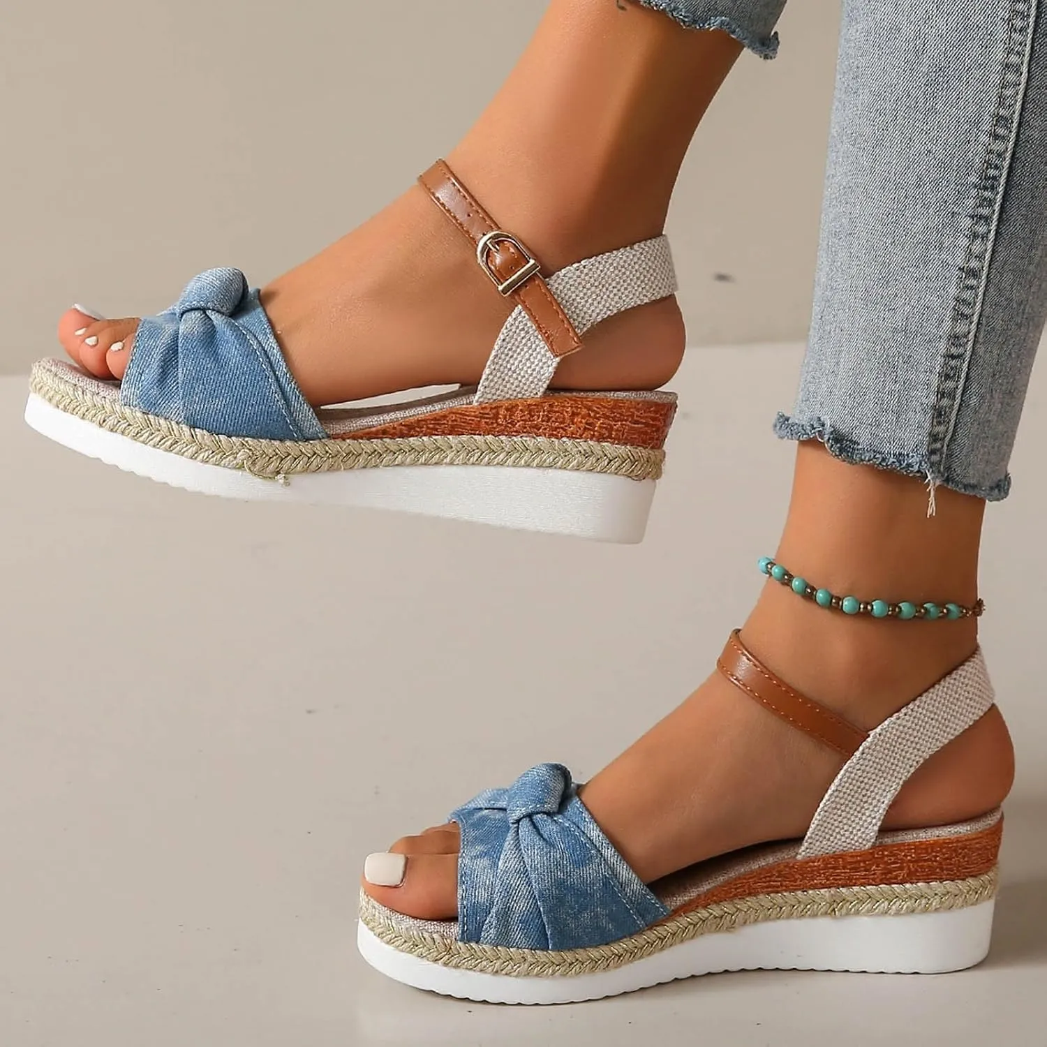 SuanlaTDS Wedge Sandals for Women Espadrille Platform 2025 Bowknot Open Toe Adjustable Ankle Strap Summer Dressy Party Outdoor Beach Shoes Espadrilles High Heels Wedges Boho Sandal