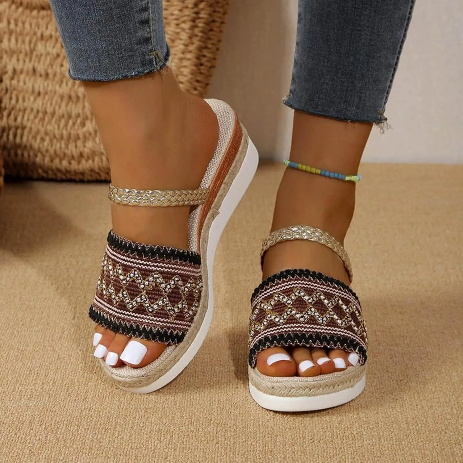 SuanlaTDS Wedge Sandals for Women Espadrilles 2025 Summer Dressy Open Toe Platform Casual Boho Slip On Beach Dress Shoes Comfortable Outdoor Elegant High Heels Wedges Slides Sandal