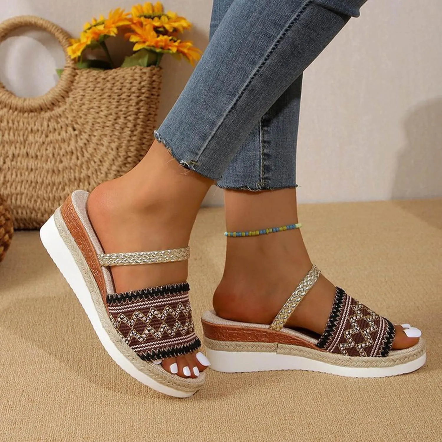 SuanlaTDS Wedge Sandals for Women Espadrilles 2025 Summer Dressy Open Toe Platform Casual Boho Slip On Beach Dress Shoes Comfortable Outdoor Elegant High Heels Wedges Slides Sandal