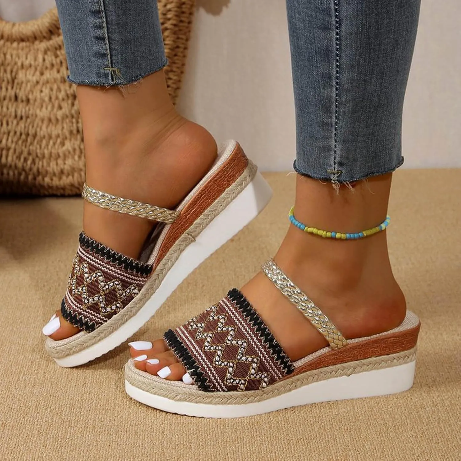 SuanlaTDS Wedge Sandals for Women Espadrilles 2025 Summer Dressy Open Toe Platform Casual Boho Slip On Beach Dress Shoes Comfortable Outdoor Elegant High Heels Wedges Slides Sandal