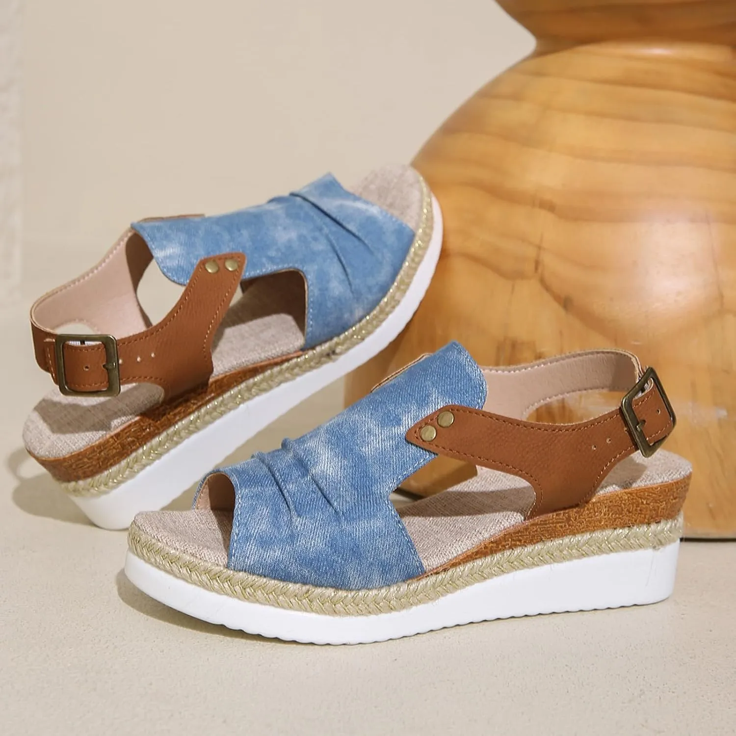 SuanlaTDS Womens Espadrilles Wedge Sandals Platform Buckle Ankle Strap Summer Shoes Peep Toe Slingback Dressy Casual Comfortable Outdoor Elegant Party Wedding Wedges Mid Heels Sandal