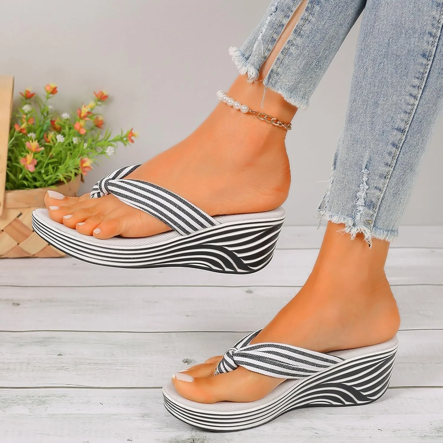 SuanlaTDS Women's Platform Heels Sandals Flip Flops Open Toe Thong Slip On Dressy Comfortable Casual Bohemian Outdoor Beach Canvas Wide Width High Wedges Heels Slide Sandal