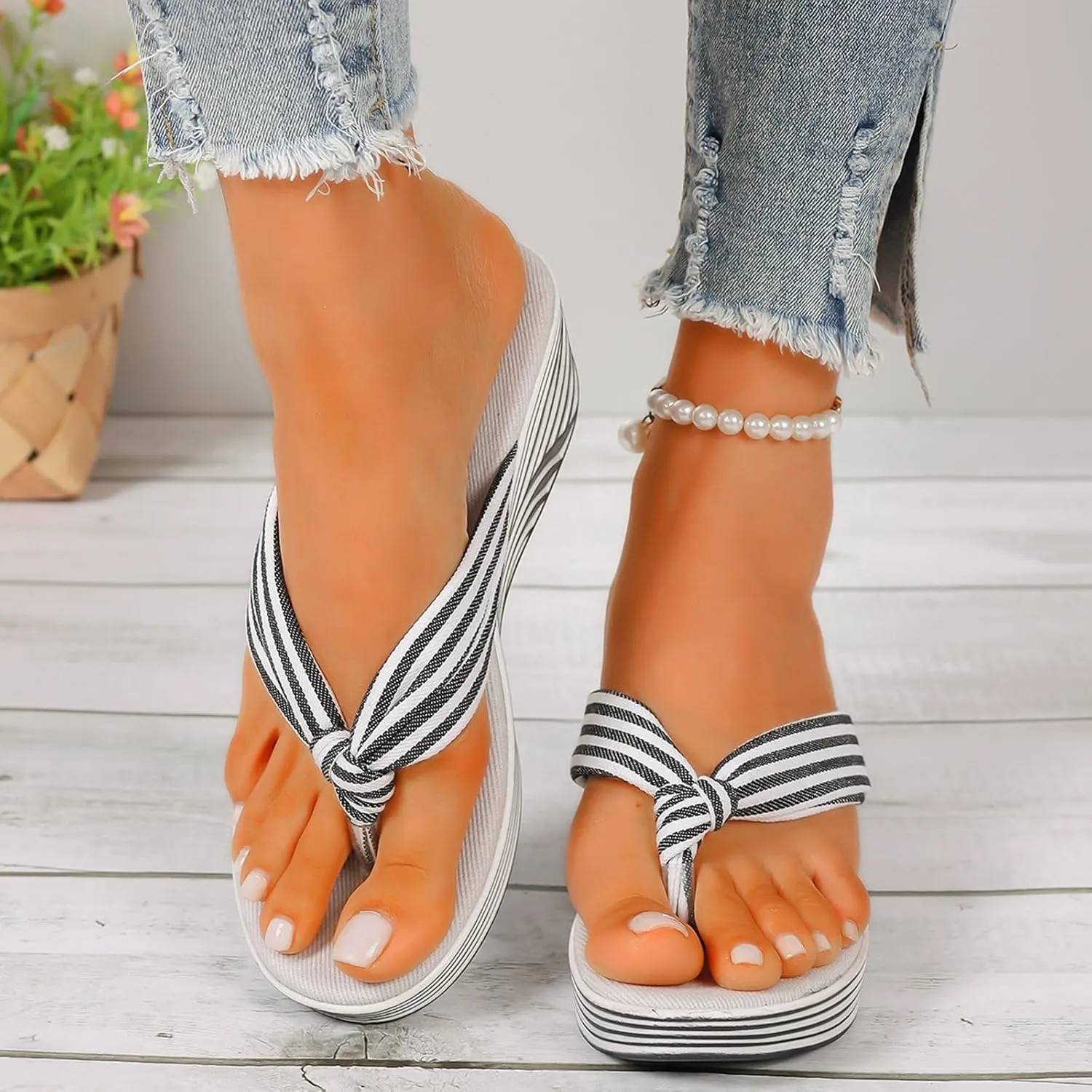 SuanlaTDS Women's Platform Heels Sandals Flip Flops Open Toe Thong Slip On Dressy Comfortable Casual Bohemian Outdoor Beach Canvas Wide Width High Wedges Heels Slide Sandal