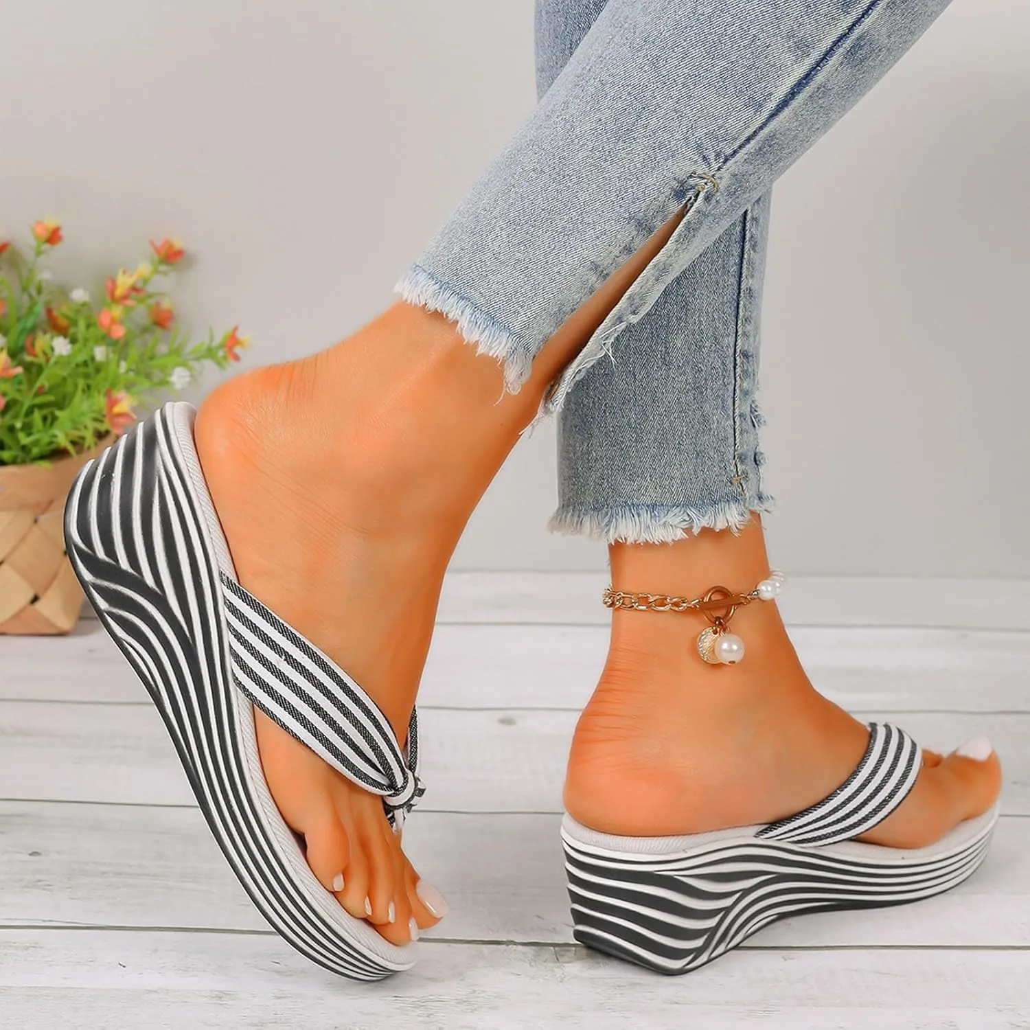 SuanlaTDS Women's Platform Heels Sandals Flip Flops Open Toe Thong Slip On Dressy Comfortable Casual Bohemian Outdoor Beach Canvas Wide Width High Wedges Heels Slide Sandal