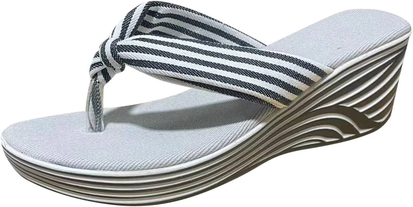 SuanlaTDS Women's Platform Heels Sandals Flip Flops Open Toe Thong Slip On Dressy Comfortable Casual Bohemian Outdoor Beach Canvas Wide Width High Wedges Heels Slide Sandal