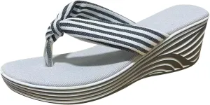 SuanlaTDS Women's Platform Heels Sandals Flip Flops Open Toe Thong Slip On Dressy Comfortable Casual Bohemian Outdoor Beach Canvas Wide Width High Wedges Heels Slide Sandal