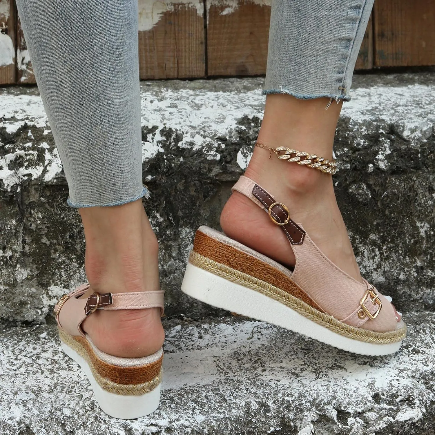 SuanlaTDS Women's Platform Wedge Sandals Espadrilles Casual Ankle Strap Comfortable Dressy Summer Open Toe Slip On Slingback Slides Sandals Elegant High Heels Beach Sandals