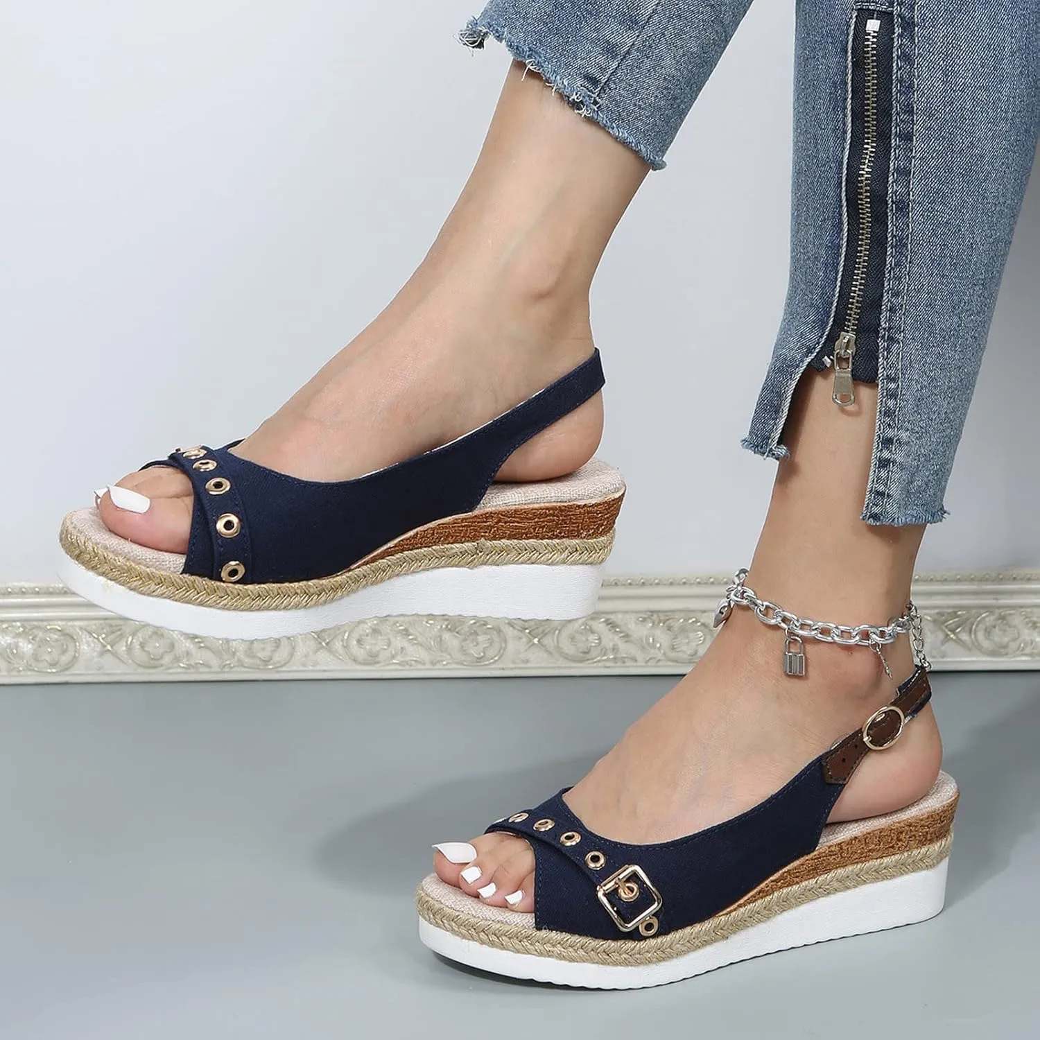 SuanlaTDS Women's Platform Wedge Sandals Espadrilles Casual Ankle Strap Comfortable Dressy Summer Open Toe Slip On Slingback Slides Sandals Elegant High Heels Beach Sandals