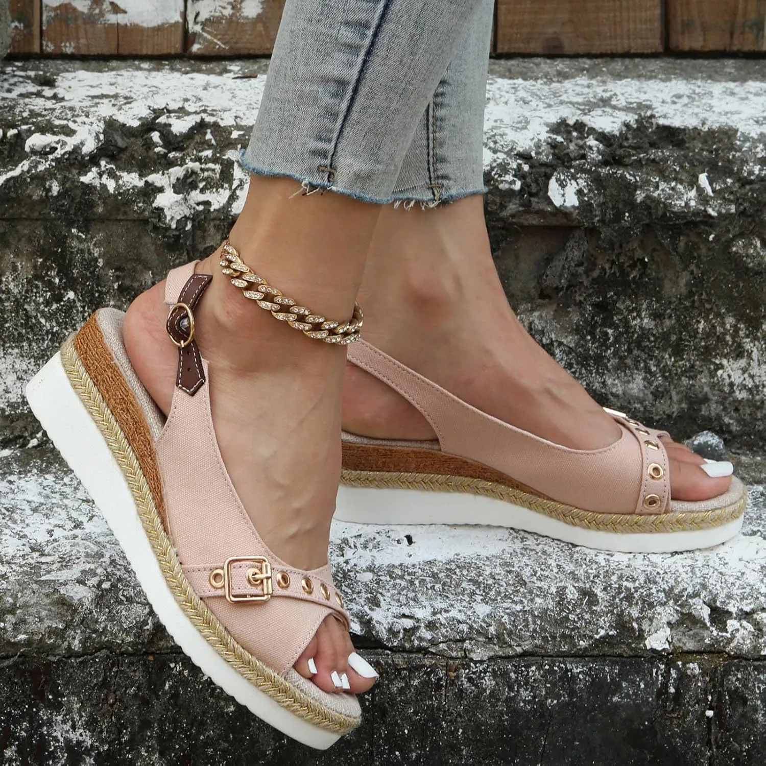 SuanlaTDS Women's Platform Wedge Sandals Espadrilles Casual Ankle Strap Comfortable Dressy Summer Open Toe Slip On Slingback Slides Sandals Elegant High Heels Beach Sandals