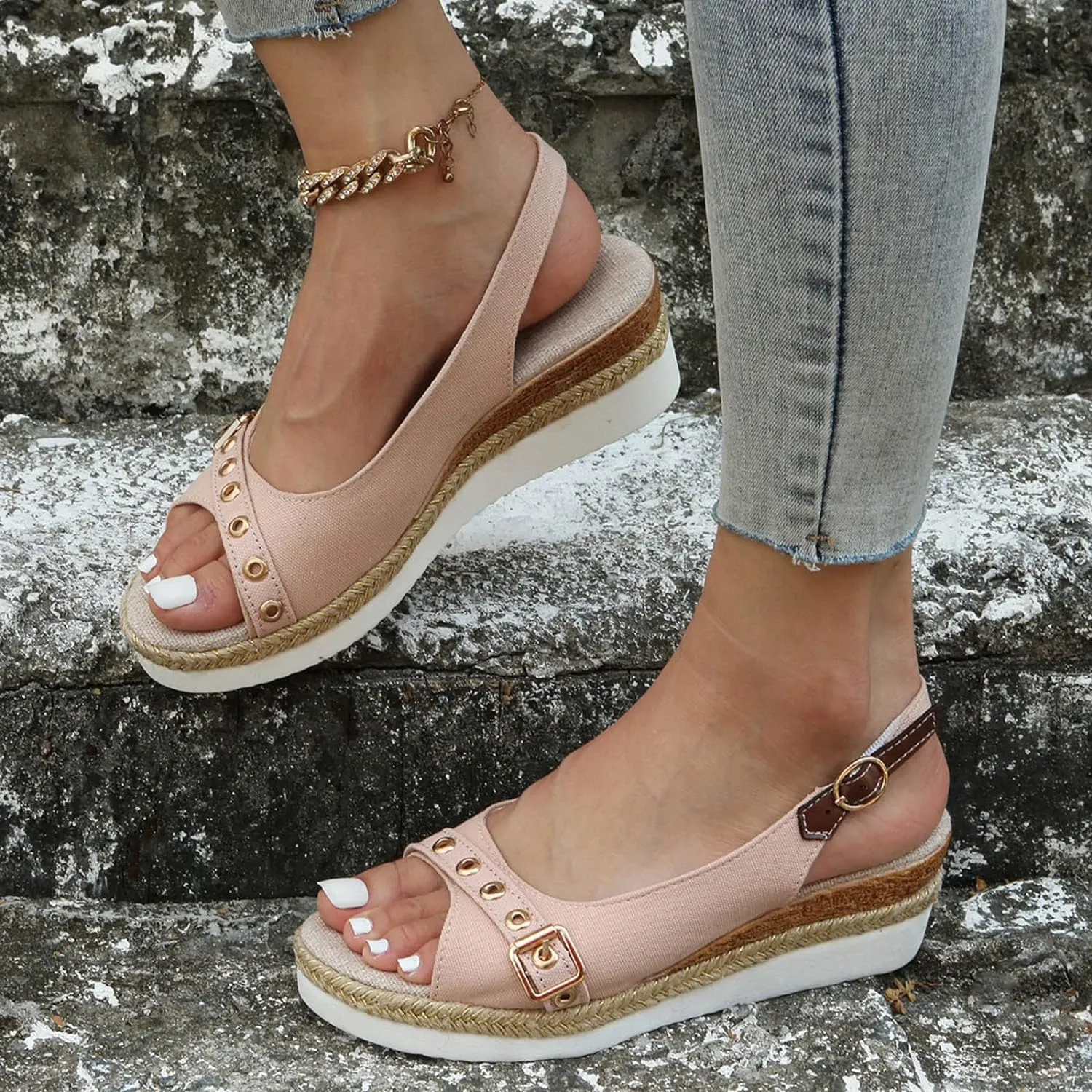 SuanlaTDS Women's Platform Wedge Sandals Espadrilles Casual Ankle Strap Comfortable Dressy Summer Open Toe Slip On Slingback Slides Sandals Elegant High Heels Beach Sandals