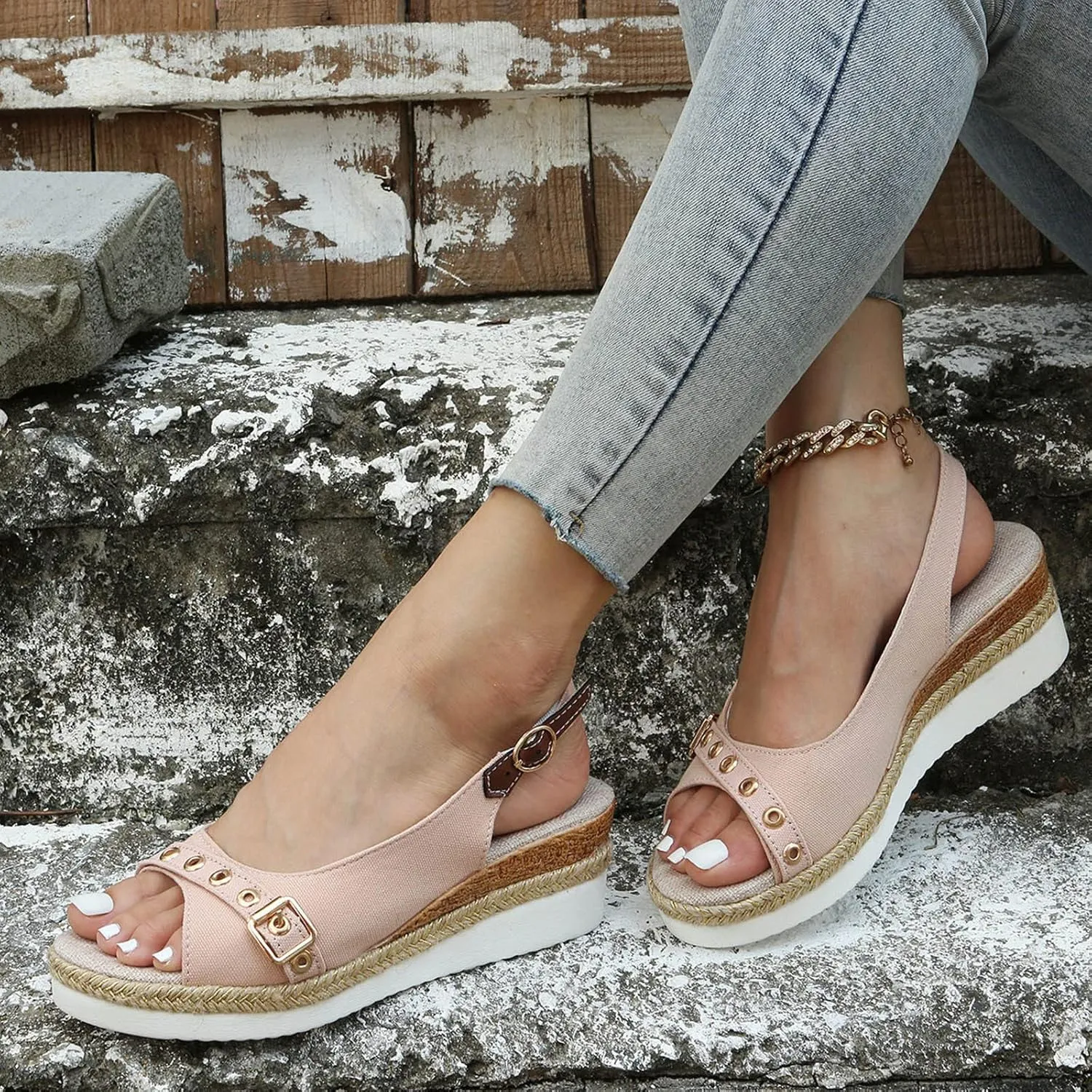 SuanlaTDS Women's Platform Wedge Sandals Espadrilles Casual Ankle Strap Comfortable Dressy Summer Open Toe Slip On Slingback Slides Sandals Elegant High Heels Beach Sandals