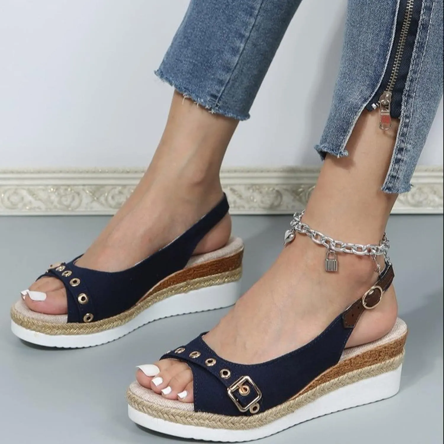 SuanlaTDS Women's Platform Wedge Sandals Espadrilles Casual Ankle Strap Comfortable Dressy Summer Open Toe Slip On Slingback Slides Sandals Elegant High Heels Beach Sandals
