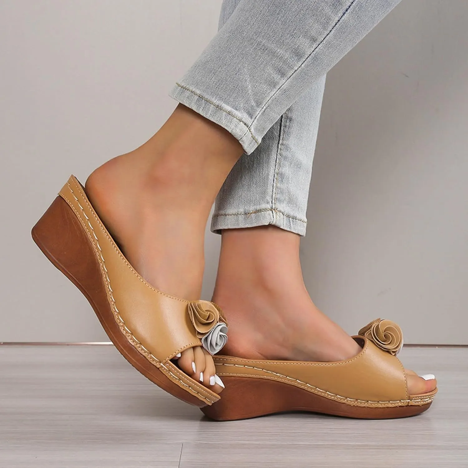 SuanlaTDS Women's Platform Wedge Sandals Flower Open-toe Slip On Slides Sandals Comfortable Casual Summer Peep Toe Slingback Low Heels Wedges Sandals Elegant Party Work Shoes