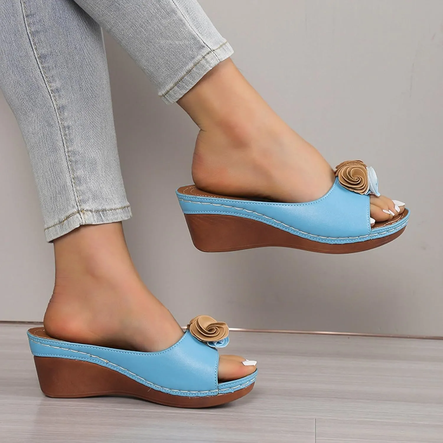 SuanlaTDS Women's Platform Wedge Sandals Flower Open-toe Slip On Slides Sandals Comfortable Casual Summer Peep Toe Slingback Low Heels Wedges Sandals Elegant Party Work Shoes